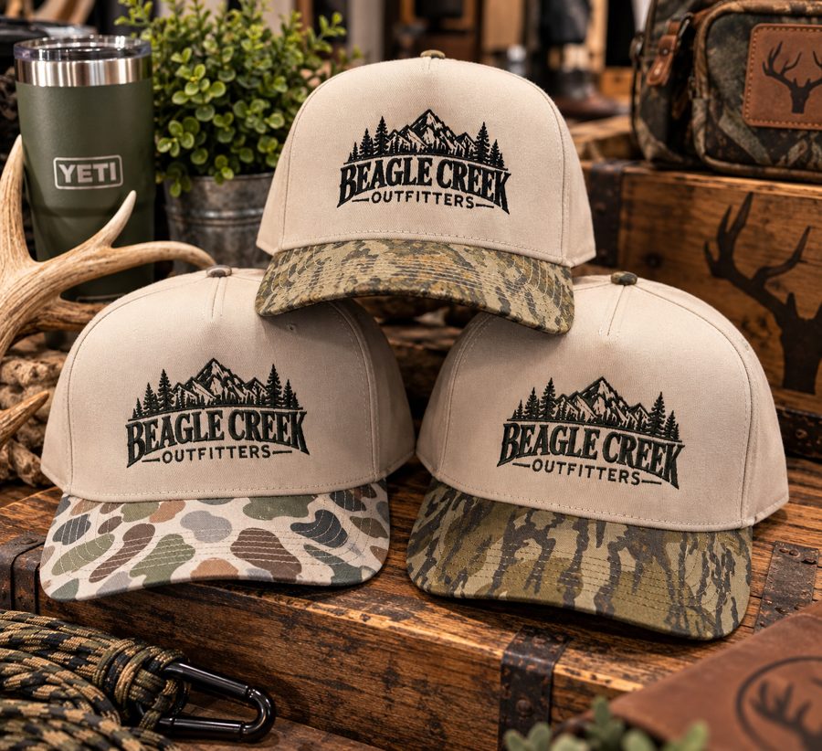 Beagle Creek Outfitters caps with camo bills